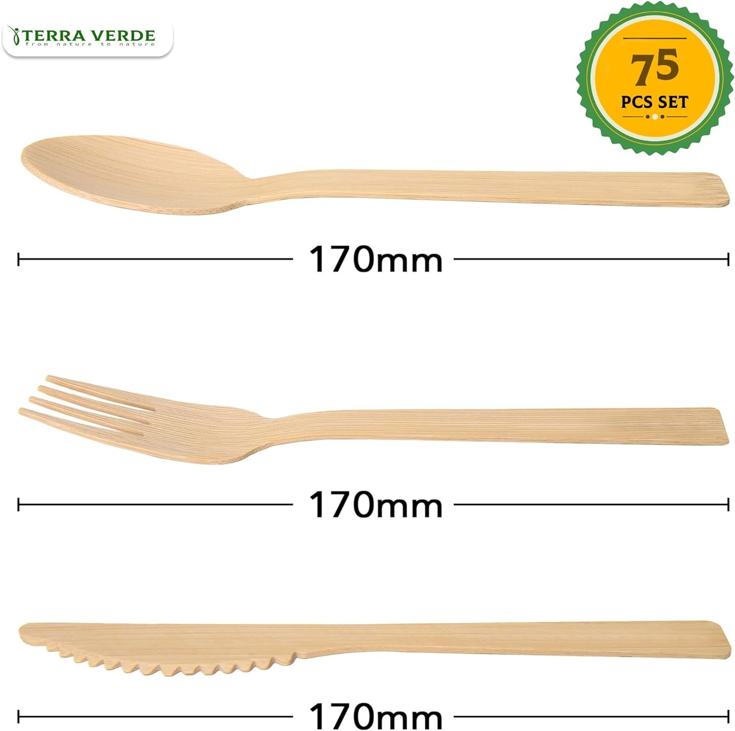 Disposable Bamboo Wooden Cutlery Set I 75 Piece of 25x Fork 25x Spoon 25x Knife I Eco Friendly Biodegradable Compostable I for Party Picnic BBQ Outdoor Events