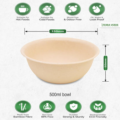 Bamboo Fibre Paper Disposable Bowls x 50pcs l Non-Bleached Natural Colour 500ml Bowl I 100% Eco Friendly Biodegradable Extra Strong for Party, Picnic; Salad, Soup, Hot or Cold Food