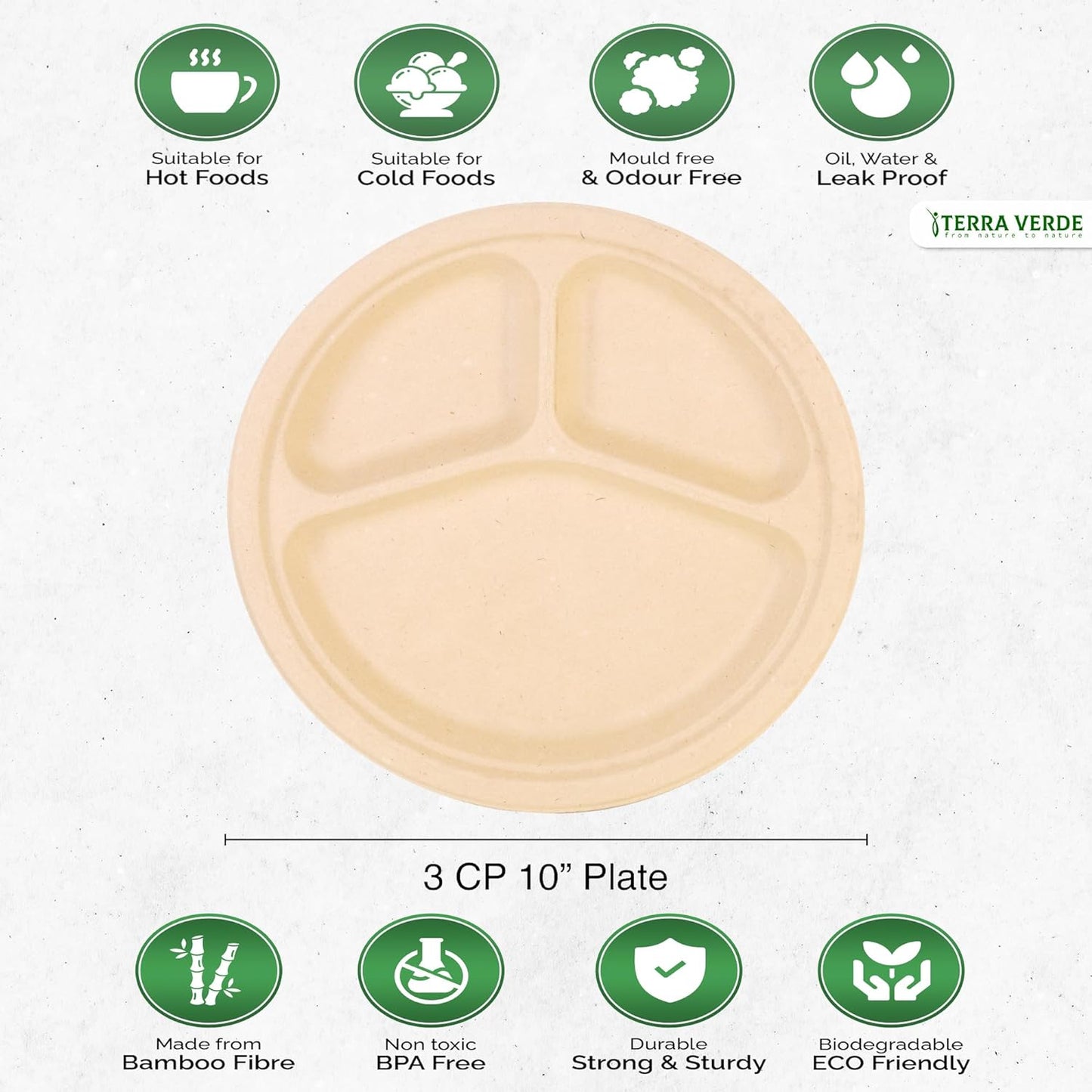 Disposable 3 Compartment Bamboo Fibre Pulp Paper Plates I 10 inch (25cm) Round 50 Pack I Large Non-bleached Natural Brown I 100% Compostable Eco-Friendly Extra Strong for Party, Picnic, BBQ