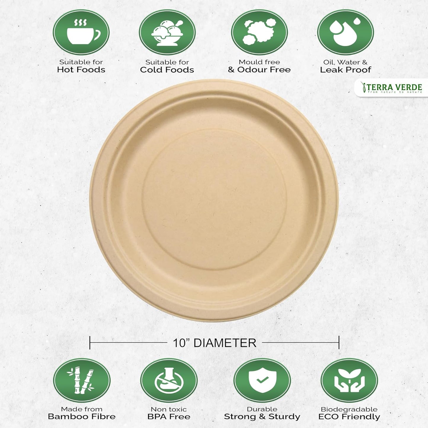 Disposable Bamboo Fibre Paper Plates l 10 inch (25cm) Round 50 Pack l Large Unbleached Natural Brown l 100% Compostable Eco Friendly Extra Strong Plate for Parties, Picnics, BBQ, Weddings