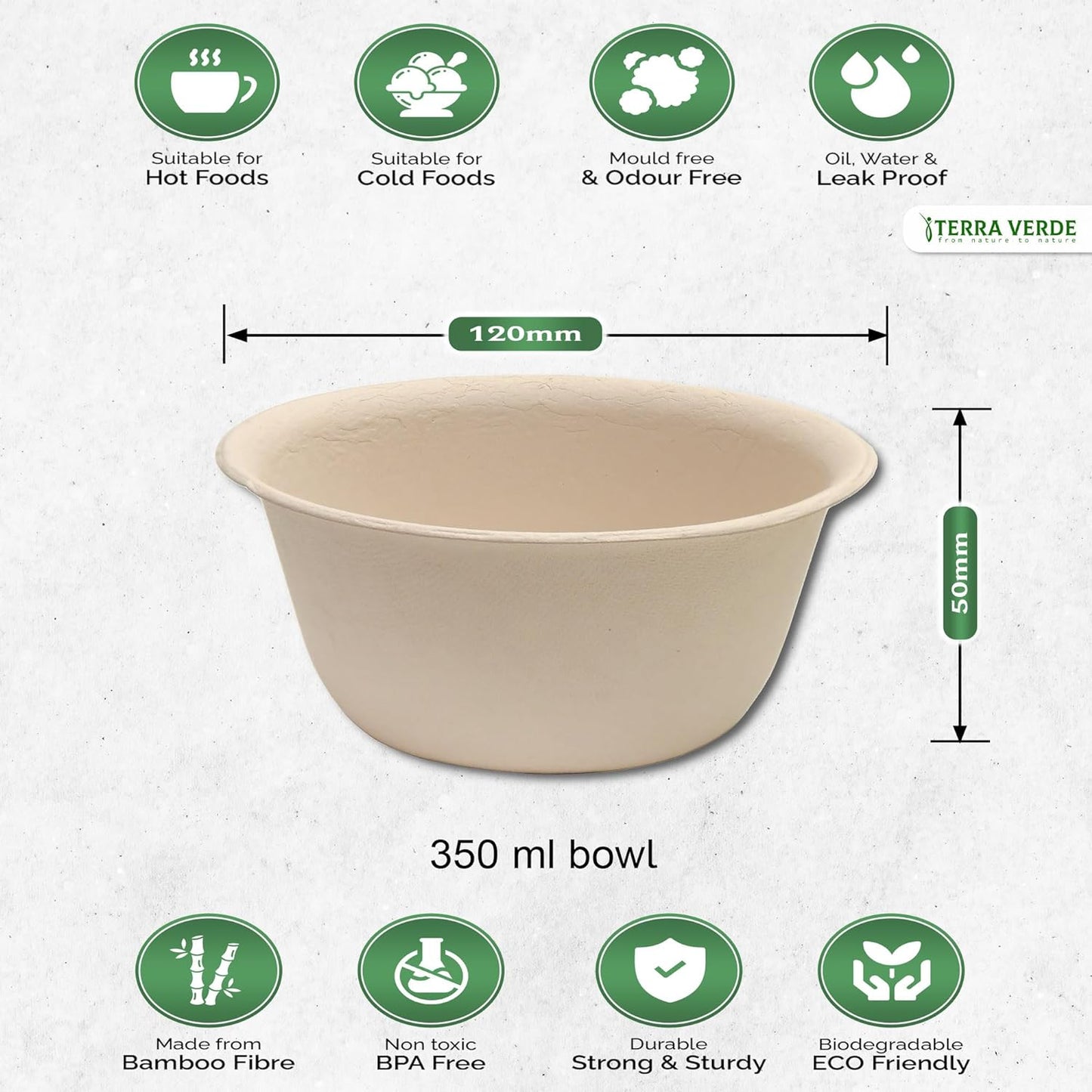 Disposable Bamboo Fibre Paper Dessert Bowls l 350ml Unbleached Natural Brown l Pack of 50 l 100% Compostable Biodegradable Eco Friendly Extra Strong for Salad, Soup, Hot/Cold Food, Snacks