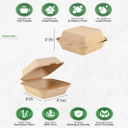 Disposable Bamboo Fibre Pulp Burger Clamshell 6x6inch Box I Pack of 50 To Go Container I Unbleached Natural Brown I 100% Eco-friendly I Sturdy for Takeaway, Salad, Pastry, Hot/Cold Food