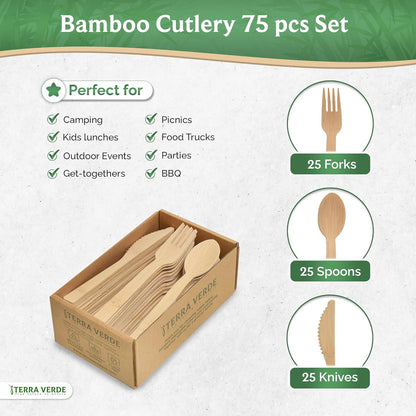 Disposable Bamboo Wooden Cutlery Set I 75 Piece of 25x Fork 25x Spoon 25x Knife I Eco Friendly Biodegradable Compostable I for Party Picnic BBQ Outdoor Events