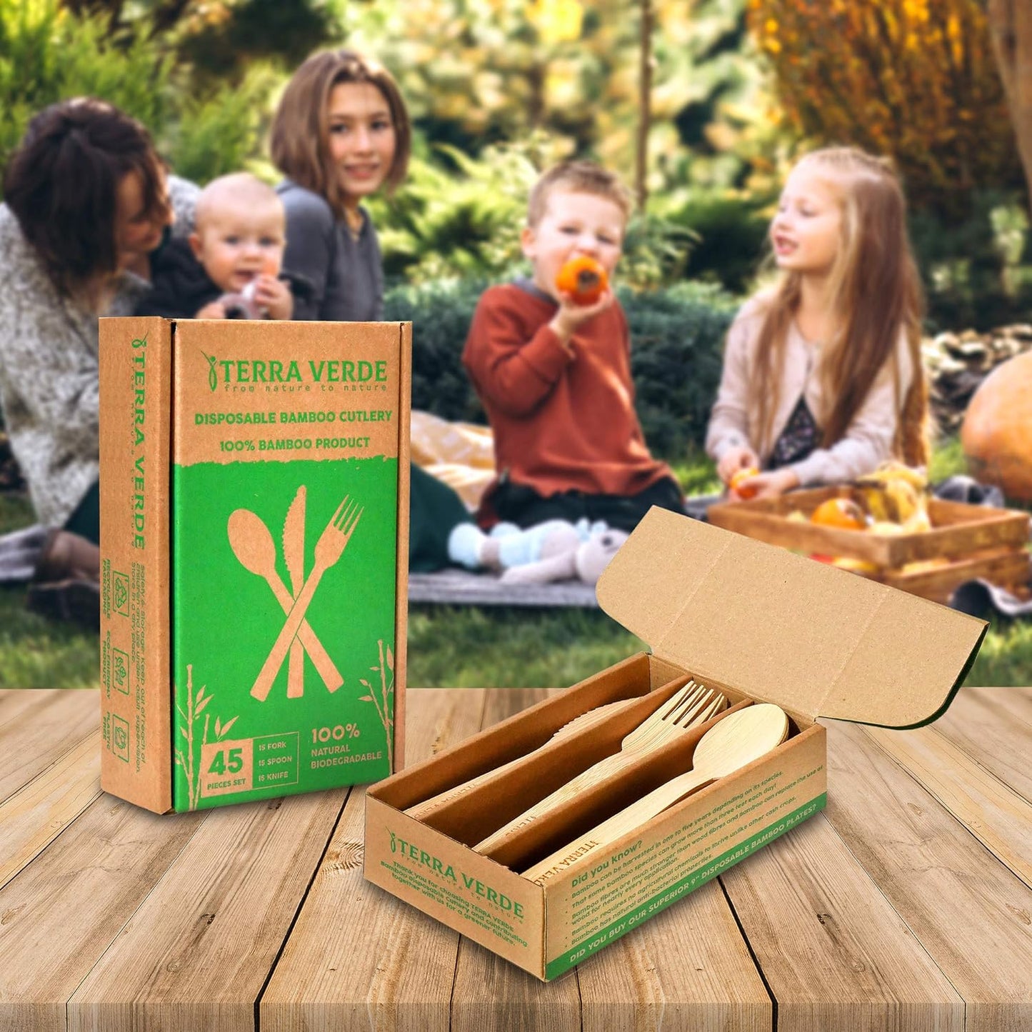 Disposable Cutlery Bamboo not Birchwood l Eco Friendly Biodegradable Compostable l Set of 45 Pcs (15 Forks 15 Spoons 15 Knives) for Party BBQ Picnic