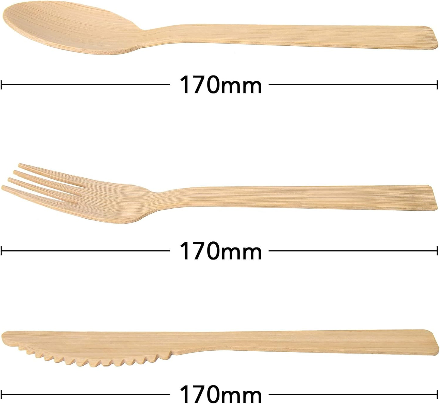 size of Disposable Cutlery Bamboo not Birchwood l Eco Friendly Biodegradable Compostable l Set of 45 Pcs (15 Forks 15 Spoons 15 Knives)