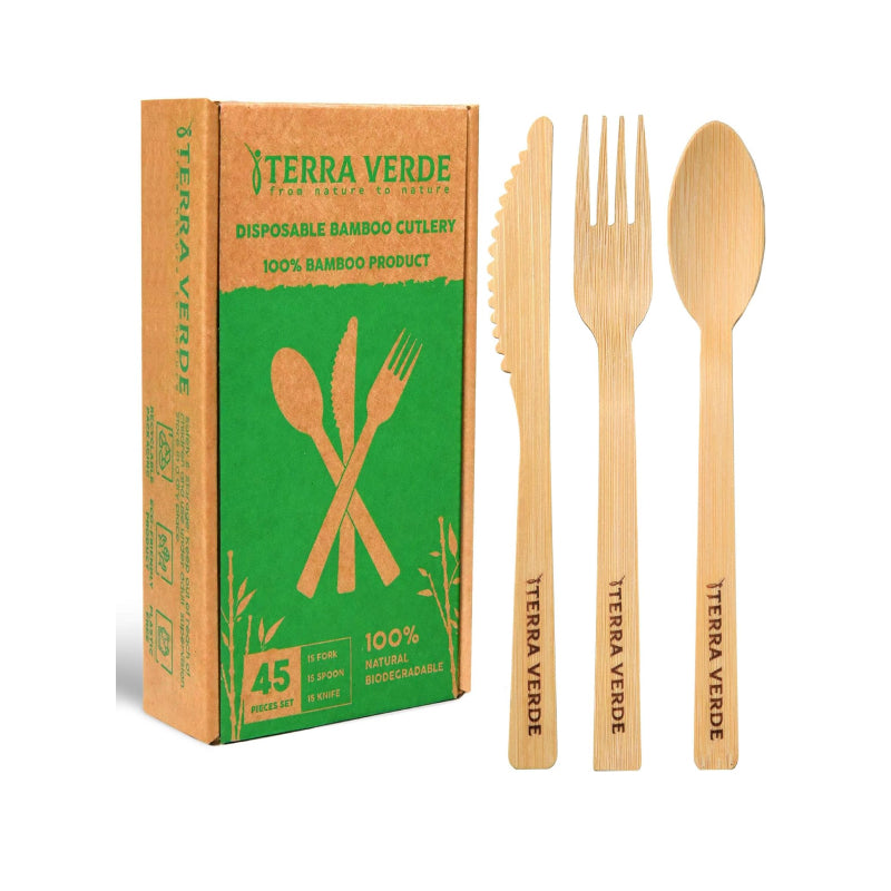 Disposable Cutlery Bamboo not Birchwood l Eco Friendly Biodegradable Compostable l Set of 45 Pcs (15 Forks 15 Spoons 15 Knives)