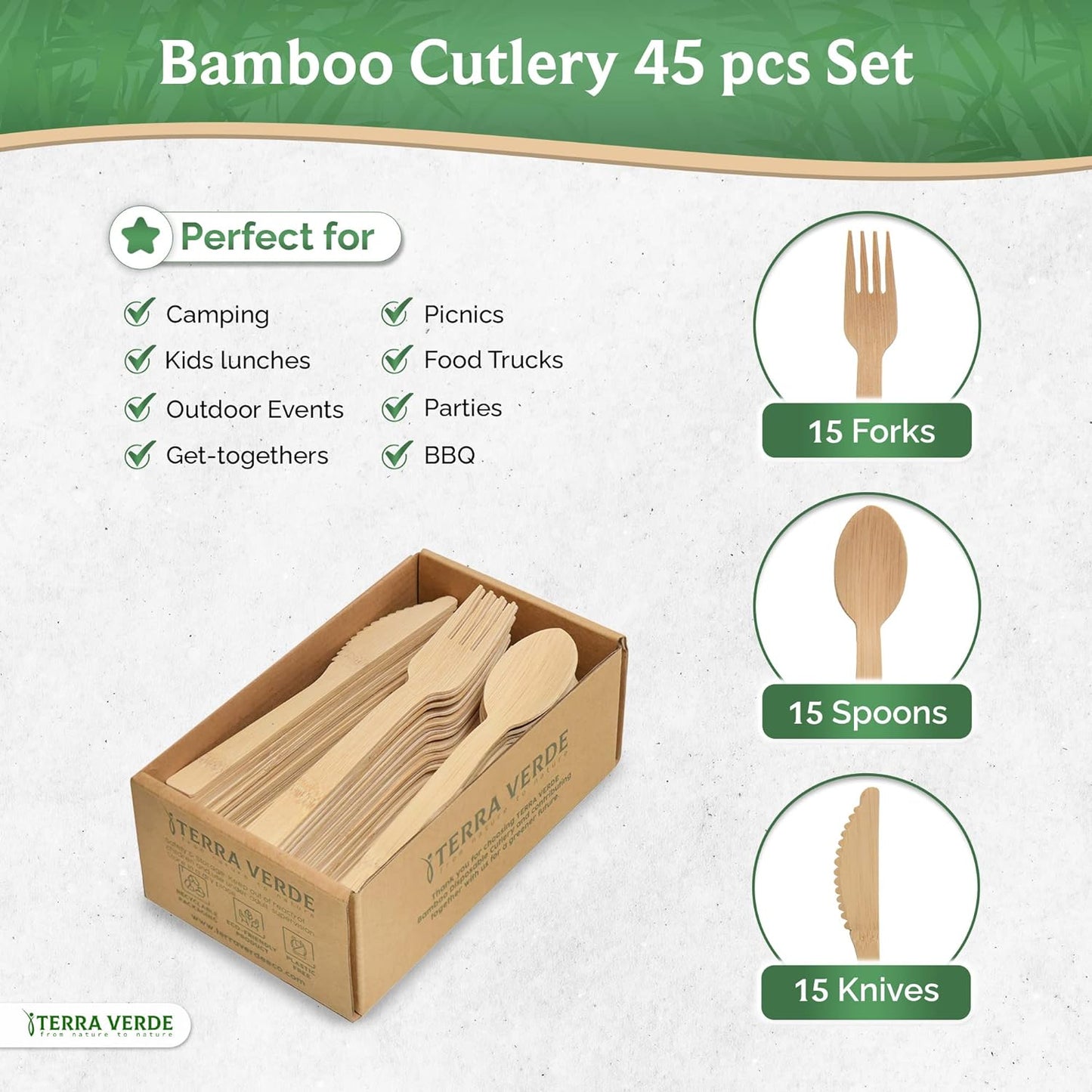 Bamboo cutlery set of 45 pieces by terra verde