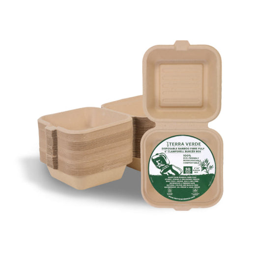 Disposable Bamboo Fibre Pulp Burger Clamshell 6x6inch Box I Pack of 50 To Go Container I Unbleached Natural Brown I 100% Eco-friendly I